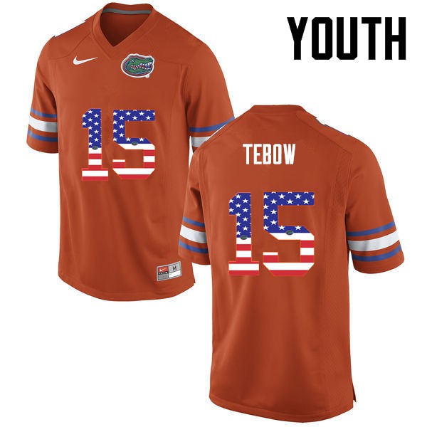 Florida Gators Youth #15 Tim Tebow College Football Jersey USA Flag Fashion Orange